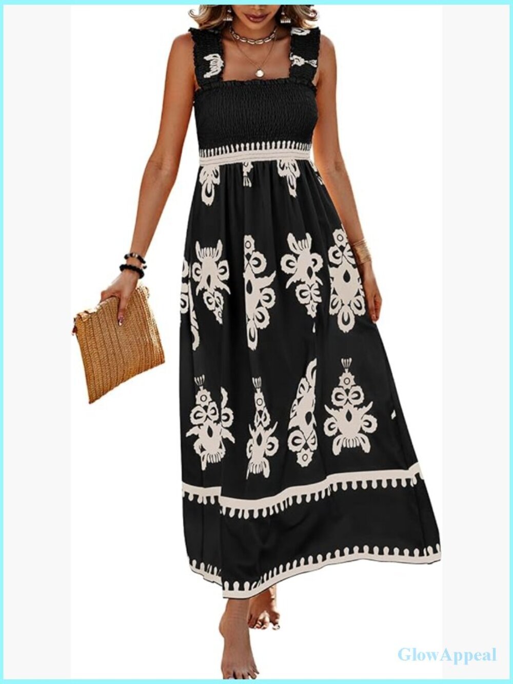 Boho Maxi Dress Sleeveless Square Neck Flowy A-Line Smocked Beach Dress with
